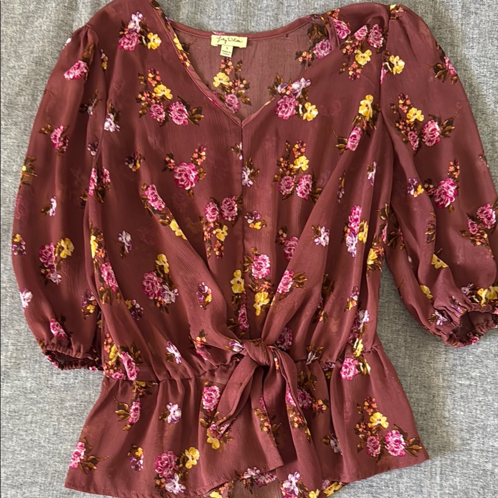 Lily White Pink Puff Sleeve Peplum Blouse